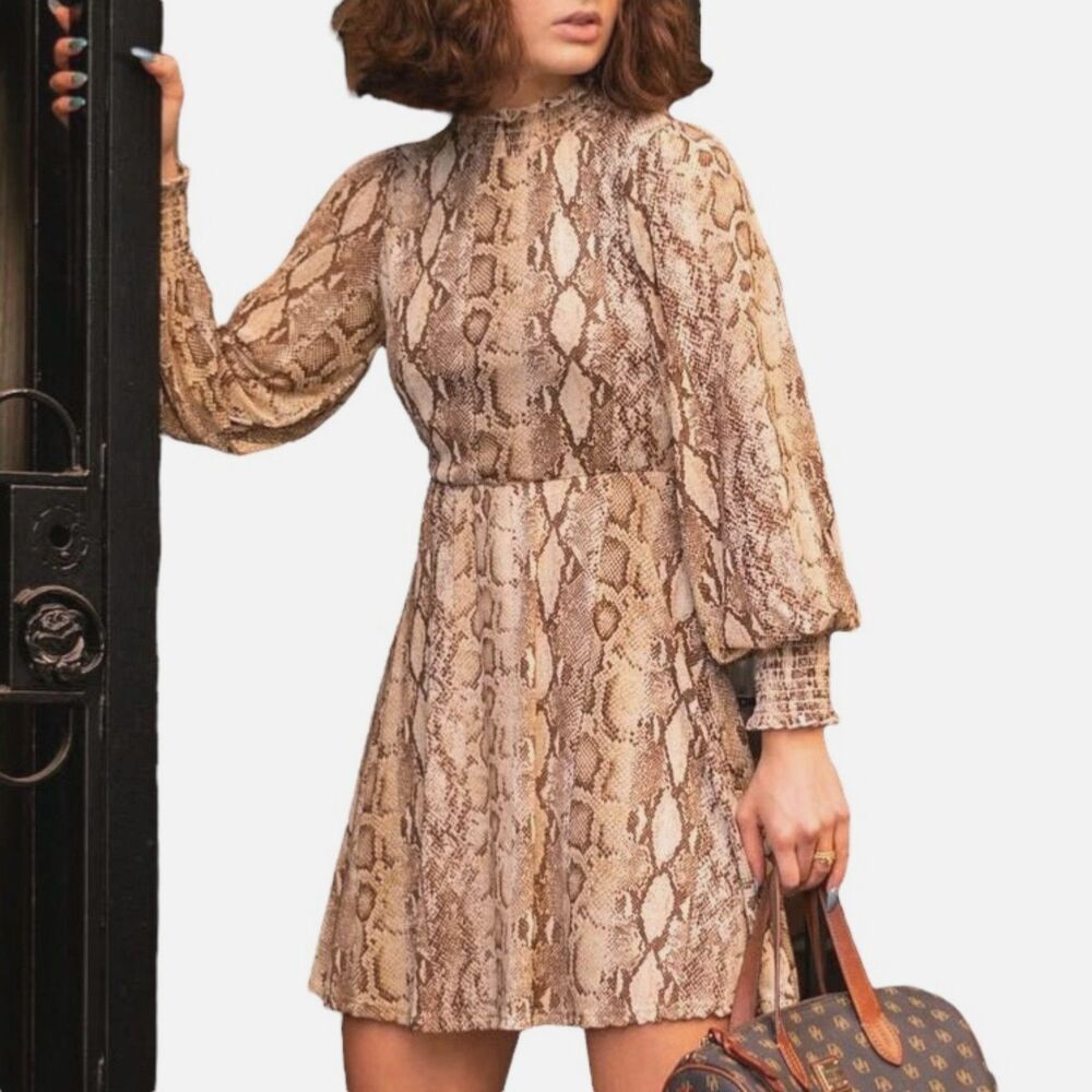 Mikey & Joey Snake Print Long Sleeve Smock Mini Dress M
